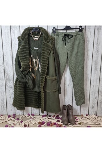 pudubutik Long Nubuck Vest with Fur Inside Green