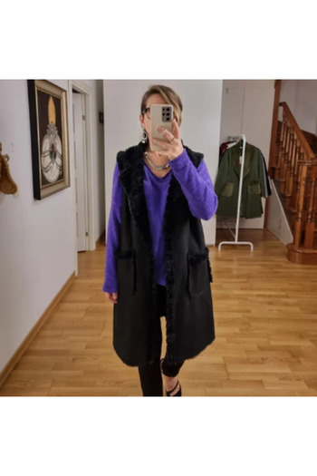 pudubutik Long Nubuck Vest with Fur Inside Black