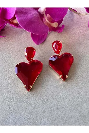 Pelin Aksesuar Red Glass Crystal Stone Heart Earrings