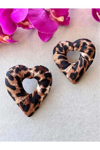 Pelin Aksesuar Leopard Fabric Wrapped Big Heart Earrings