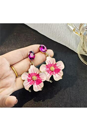 Pelin Aksesuar Fuchsia Pink Stone Flower Earrings