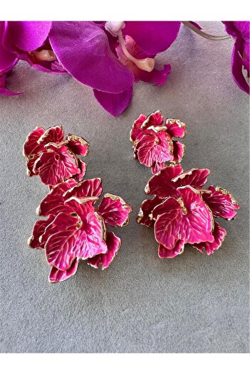 Pelin Aksesuar Fuchsia Layered Double Flower Earrings