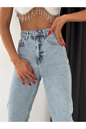 Trn JNS Rukiye Yüksek Bel Kar Yıkama Buz Mavisi Mom Jean  2025