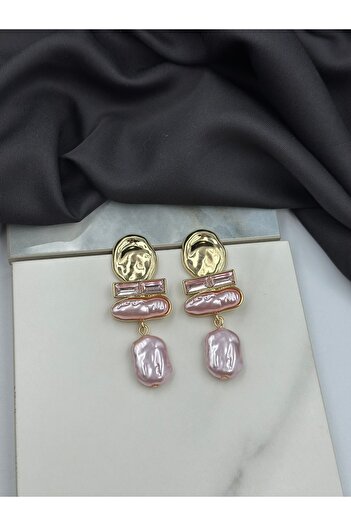 Lumiera Dusty Pink and Gold Detailed Stone Pearl Dangle Earrings