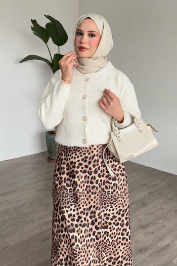 InStyle Leopard Pattern Beige Skirt with Elastic Waist
