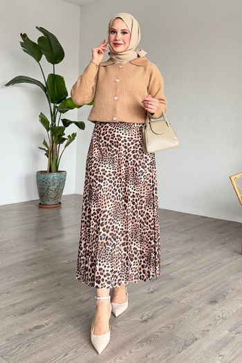 InStyle Leopard Print Pleated Beige Skirt