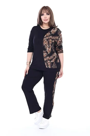 kısmet sepeti Women's Bottom-Top Long 2-Piece Lycra Pocket Detail Leopard Pattern Black Combed Cotton Suit