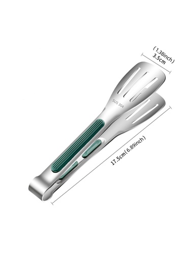 Choice 17.5cm Green Silver Non-Slip Stainless Steel Food Tongs Meat Salad Bread Serving Clip Barbecue Grill