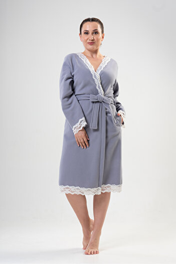 VİENETTA Women's Fleece Large Size Long Sleeve Lace Long Dressing Gown
,203067