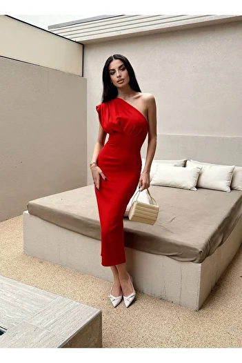 LOCH BUTİK Women's Cross Shoulder Drawstring Red Midi Length Dress
