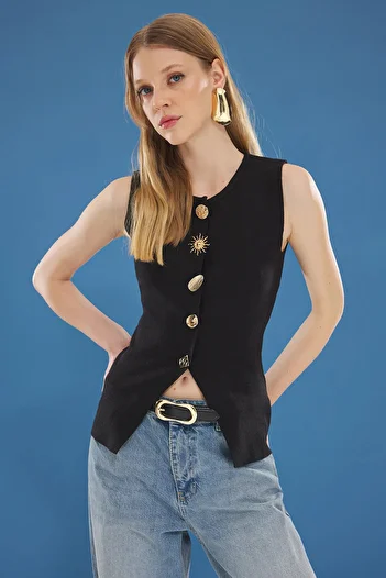 Trendyol Collection Black Button Detailed Vest Twoss25Ye00043