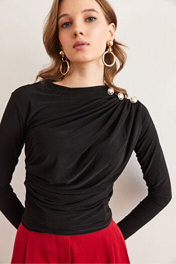 Olalook Women's Black Shoulder Buttoned Draped Detail Sandy Blouse Blz- 19002832