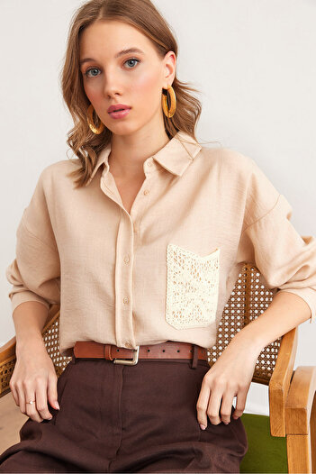 Olalook Women's Stone Guipure Pocket Detailed Linen Look Shirt Gml- 19001286