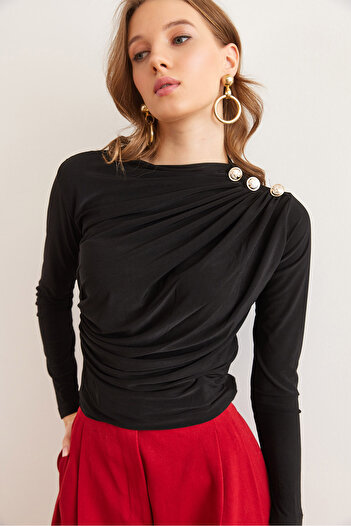 Olalook Women's Black Shoulder Buttoned Draped Detail Sandy Blouse Blz- 19002832