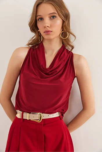 Olalook Women's Burgundy Back Button Degaje Collar Sleeveless Flowy Blouse Blz- 19002833