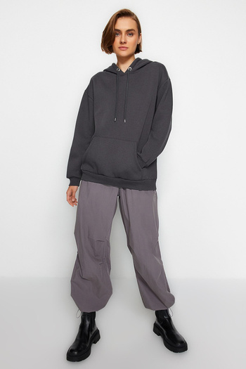 Trendyol Collection Anthracite Kangaroo Pocket Hooded Boyfriend Ribbed Knitted Thick Sweatshirt