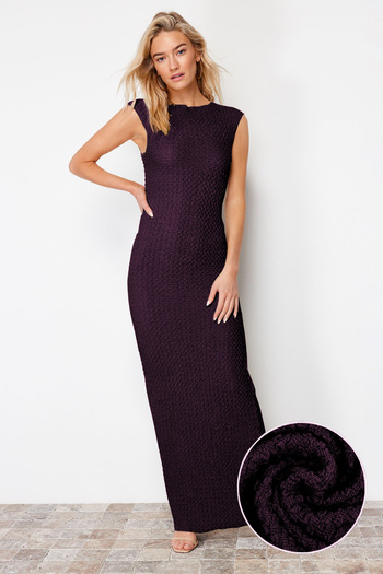 Trendyol Collection Rochie creion midi elastică cu textura de prune - mânecă lunară, așezată pe corp, tricotată - TWOSS24EL00103