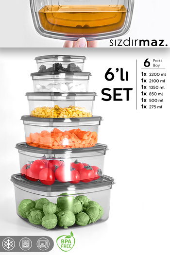 Meleni Home Set of 6 Square Leakproof Storage Containers - Microwave Safe Organizer Food Container Anthracite