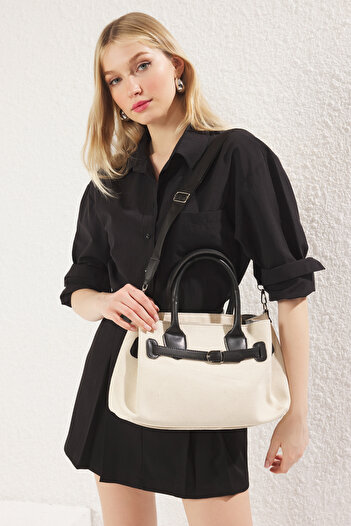 TRENDYOL SHOES Ékru Canvas Belted Research Bilgeli Midi Tote Shoulder Bag
