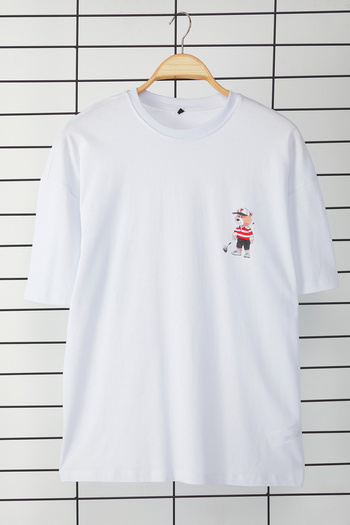 Trendyol Collection Weißes Unisex-Baumwoll-T-Shirt mit Teddybär-Print – TMNSS25TS00161