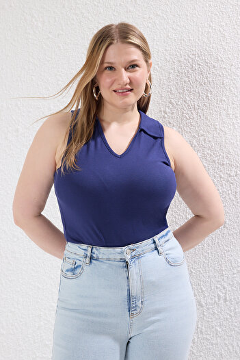 Trendyol Curve Navy Blue Rib/Camisole Knitted Plus Size Blouse
