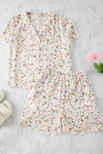 Trendyol Curve Ecru Floral Print Shirt Collar Pajamas Set - Tbbss24Ai00072
