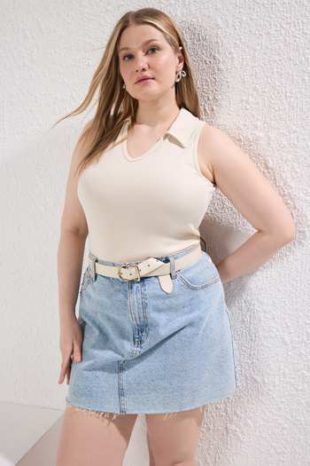 Trendyol Curve Plus Size Stone Shirt Collar Knitted Blouse - Tbbss25Af00056