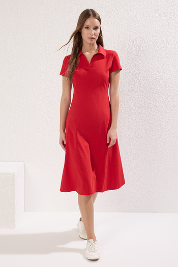 Trendyol Collection Stretchy Cotton Midi Dress - Polo Neck, Skater Cutout, Red Twoss24El00480