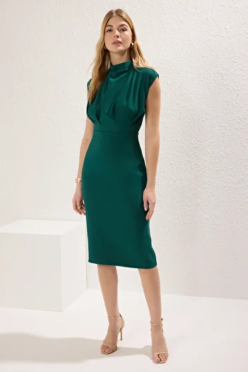 Trendyol Collection Rochie midi țesută Verde - Guler Stand, Fustă Creion TWOAW20EL0311