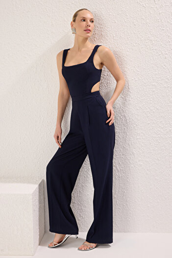 Trendyol Collection Navy Blue Wide Leg Back Detail Long Woven Jumpsuit Twoss25Tu00019