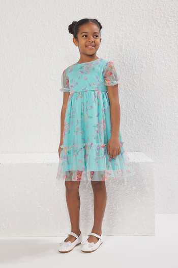 TRENDYOLKIDS Mint Floral Balloon Sleeve Woven Dress Tkdss25El00027