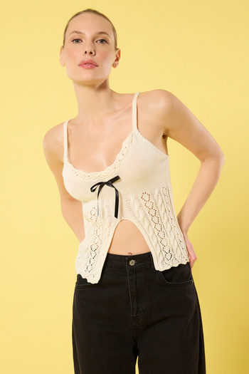 Trendyol Collection Bone Ribbon Detailed Sling Tricot Blouse Twoss25Bz00188