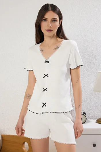 Trendyol Collection Ecru Plain Ribbon Camisole Knitted Pajama Set with Shorts Thmss25Pt00290