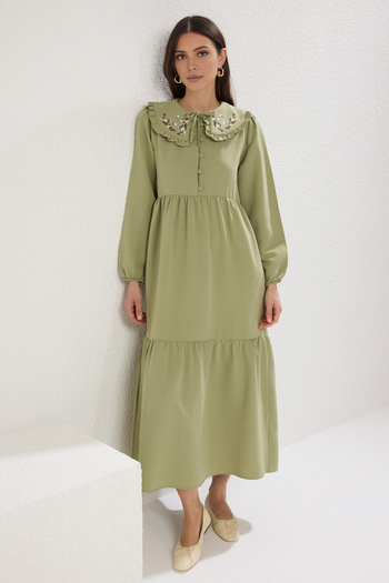 Trendyol Modest Green Embroidery Detail Linen Look Woven Dress Tctss23Eb00257