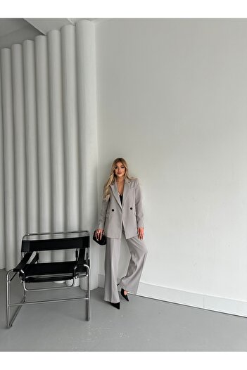 HOEK Women's Light Gray Blazer Jacket Palazzo Pants Suit