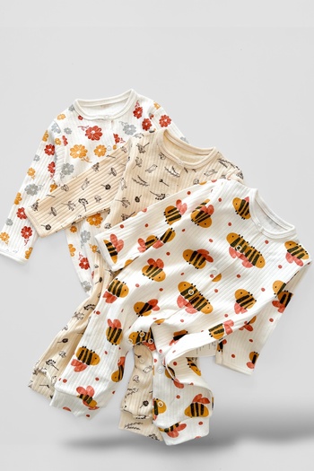 COOLMINIES 3-Piece Patterned Baby Romper Set - Snap Fastener, 100% Cotton, 3-12 Months