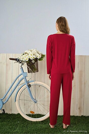 Pijamoni Dublin Kumaş Uzun Kollu Kırmızı Pijama Takımı - 5315