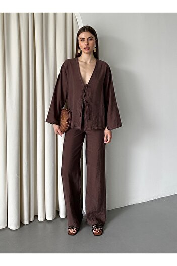 Laluvia Brown Tied Kimono Set - 8567