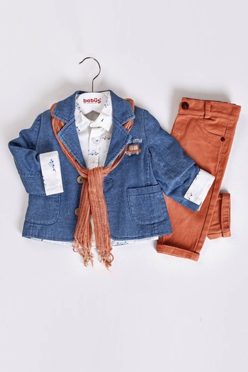 Bebüş Embroidered Jacket Printed Long Sleeve Shirt Tile Pants and Scarf 4-Piece Boy's Suit 14409