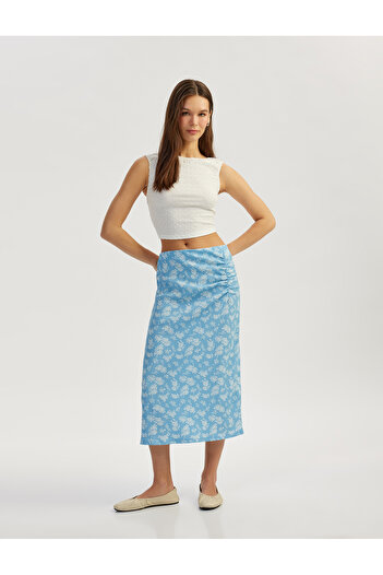 Koton Floral Draped Midi Pencil Skirt with Elastic Waist