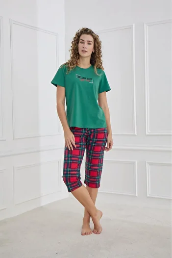 MEBA Women's Compact Combed Cotton Soft Textured Short Sleeve Capri Green Bottom Plaid Combed Cotton Pajamas Set