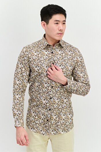Selected Homme Men Slim Fit Long Sleeves Allover Print Casual Shirt, Beige