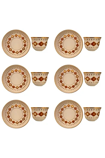 DUKKANI ISTANBUL 6-Person Claret Red Diamond - Porcelain Tea Plate and Gawa Cup