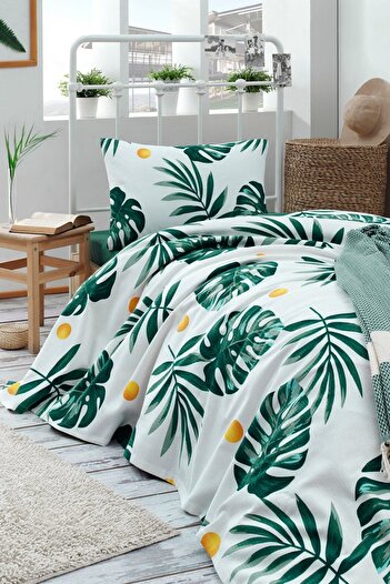 Eponj Home Green Monstera Patterned Single Pique Set