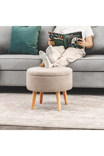 KOKİ DESİGN BERLİN Wellsoft Bej Çok Amaçlı Dekoratif Sandıklı Bench Puf Makyaj Masası Pufu Orta Sehpa