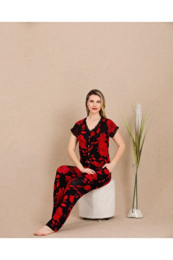 Lady Lingerie Short Sleeve Button-Down Floral Print 93% Cotton 7% Lycra Women's Pajamas Set