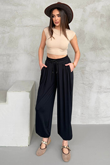 modavingo Women's Modal Fabric Pocket Pleated Loose Baggy Pants Black Hmd3503