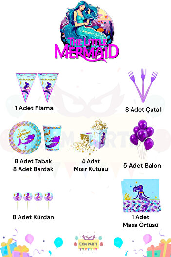 ECM PARTI Mermaid Themed Ultra Birthday Party Set for 8 People
