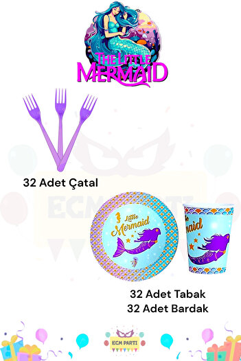 ECM PARTI Mermaid Themed Extra Mini Birthday Party Set for 32 People