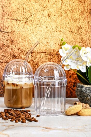 NİCE 2'li Soğuk Kahve Bardağı Kubbe Model Pipetli 430ML Mika plastik Kahve Sunum Bardağı